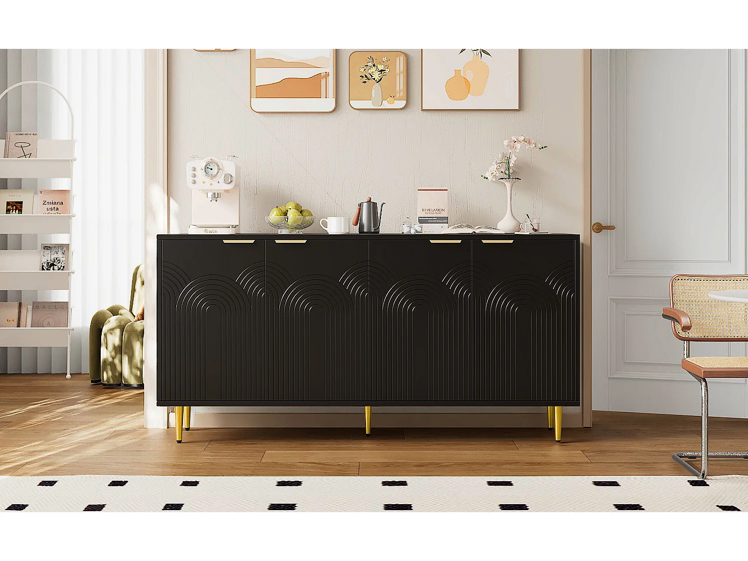 Aparador para sala de estar - 160 x 40 x 80 cm - com 4 portas + pés brilhantes - aglomerado - preto