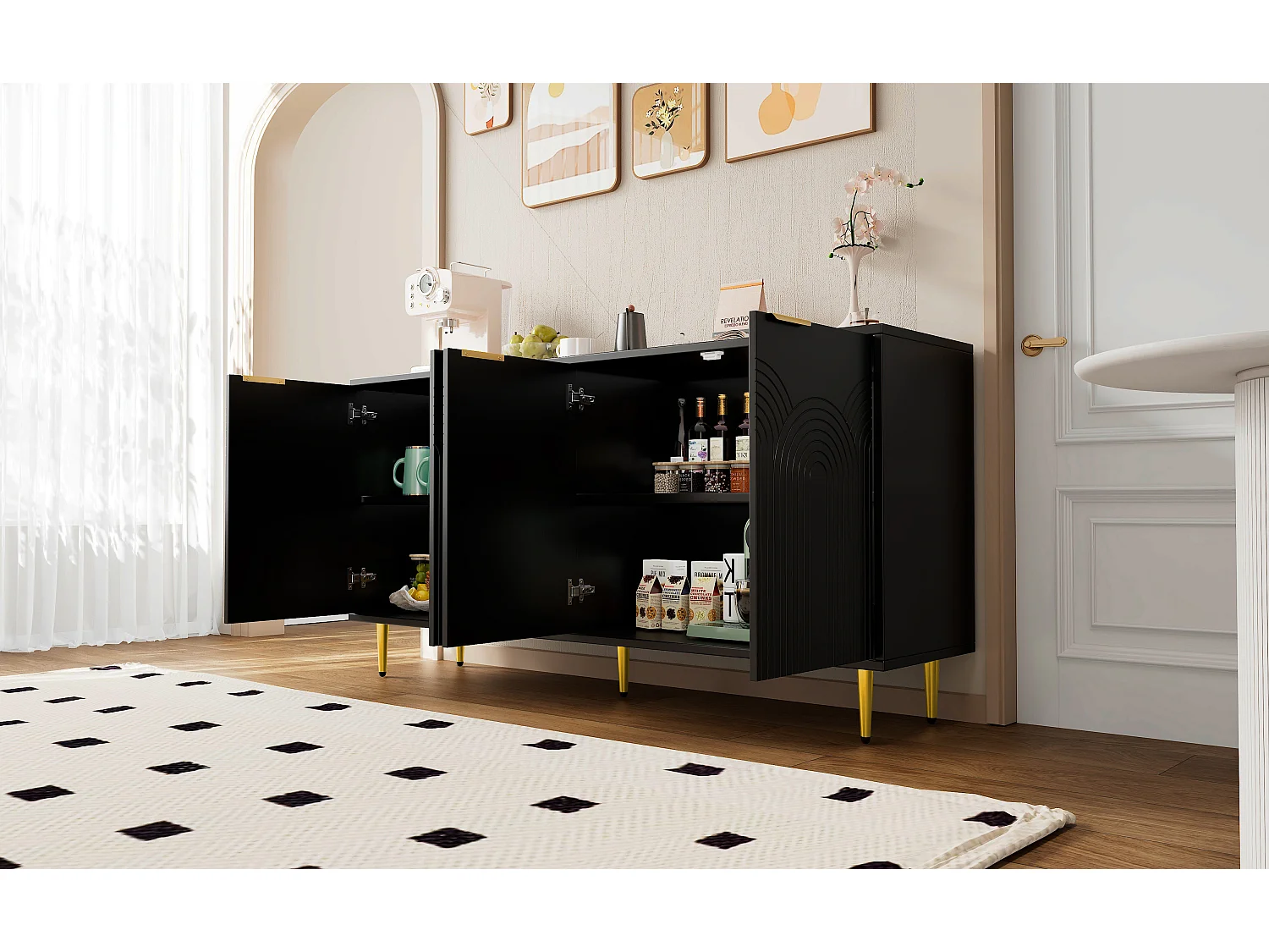 Aparador para sala de estar - 160 x 40 x 80 cm - com 4 portas + pés brilhantes - aglomerado - preto