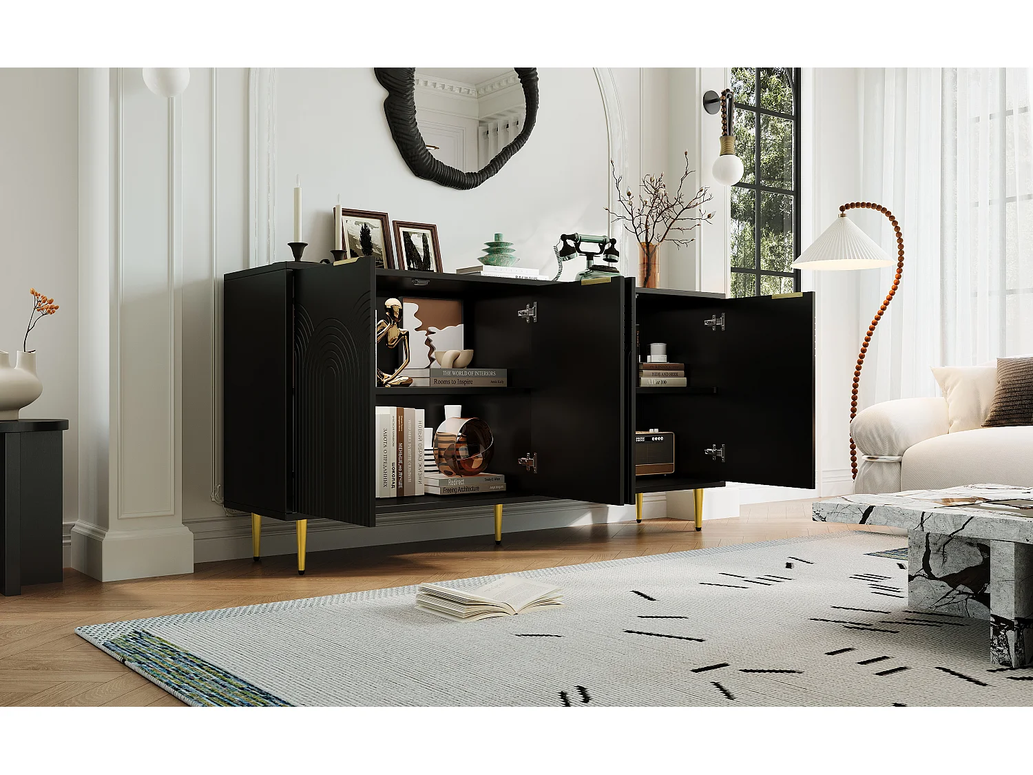 Aparador para sala de estar - 160 x 40 x 80 cm - com 4 portas + pés brilhantes - aglomerado - preto