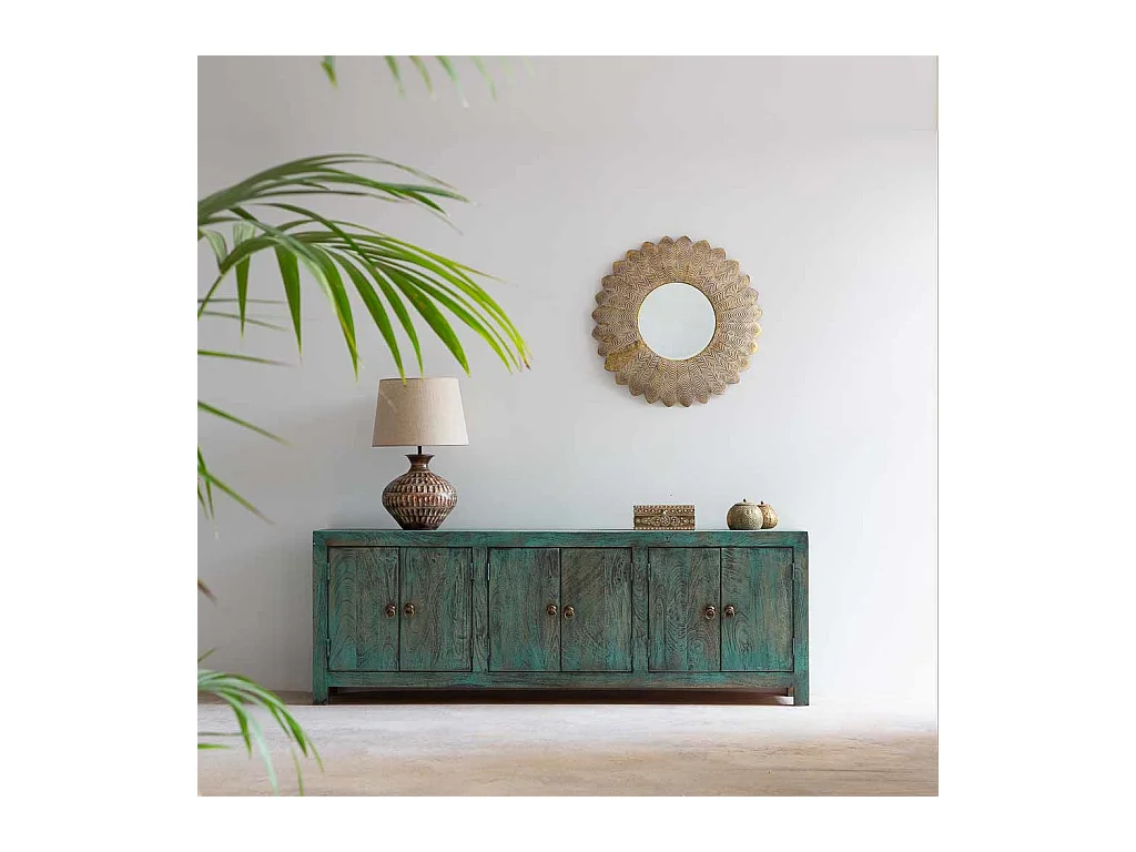 Buffet 6 portes en bois avec finition verte vieillie, 200x40x70h cm