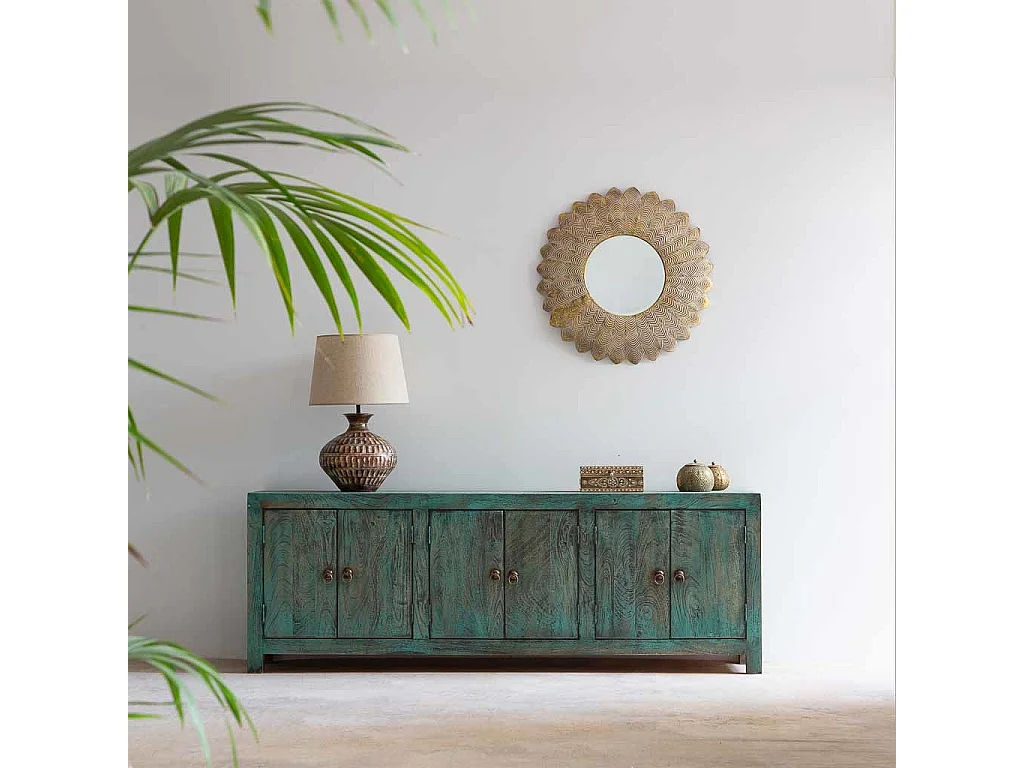 Buffet 6 portes en bois avec finition verte vieillie, 200x40x70h cm