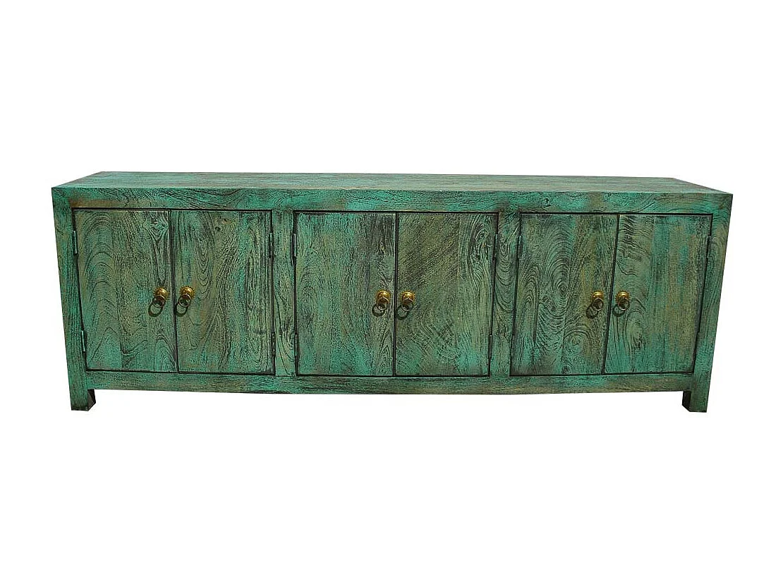 Buffet 6 portes en bois avec finition verte vieillie, 200x40x70h cm
