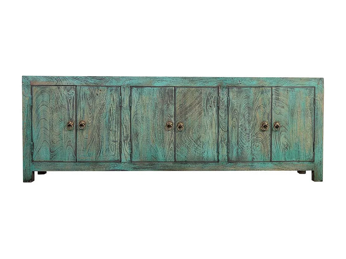 Buffet 6 portes en bois avec finition verte vieillie, 200x40x70h cm
