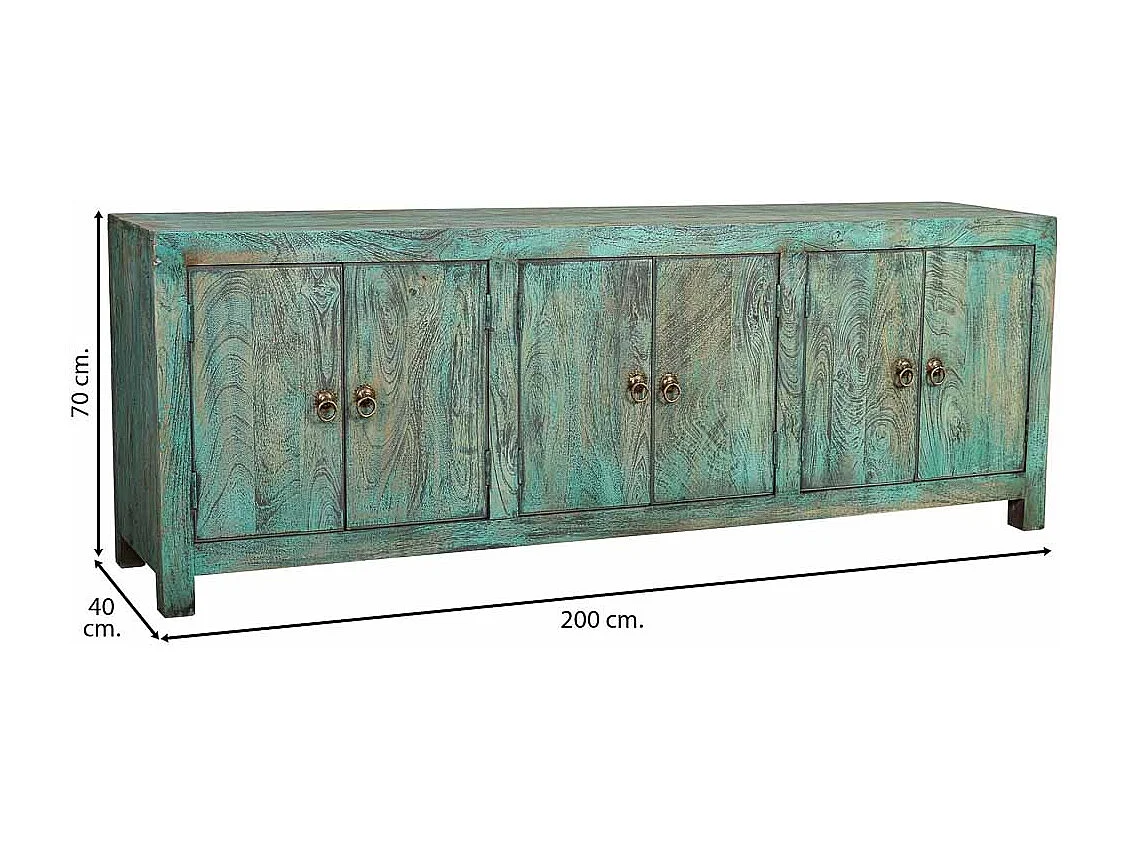 Buffet 6 portes en bois avec finition verte vieillie, 200x40x70h cm
