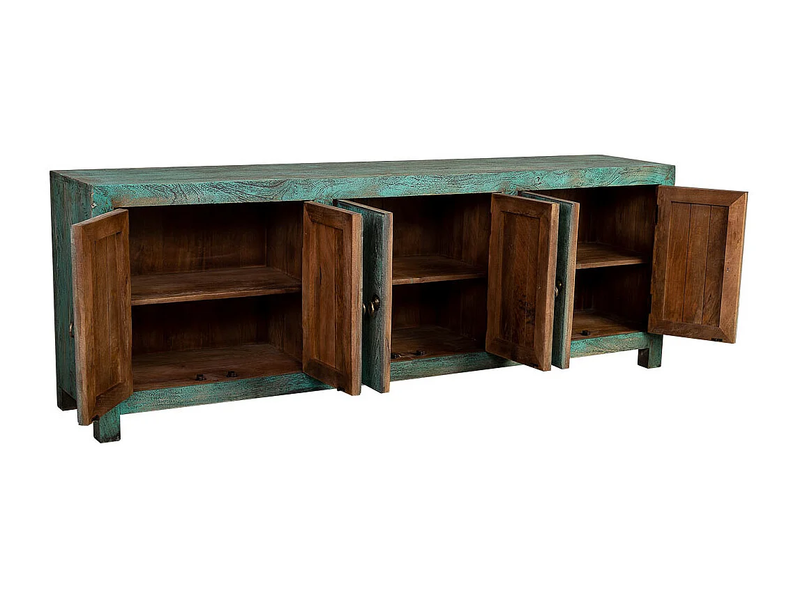 Buffet 6 portes en bois avec finition verte vieillie, 200x40x70h cm