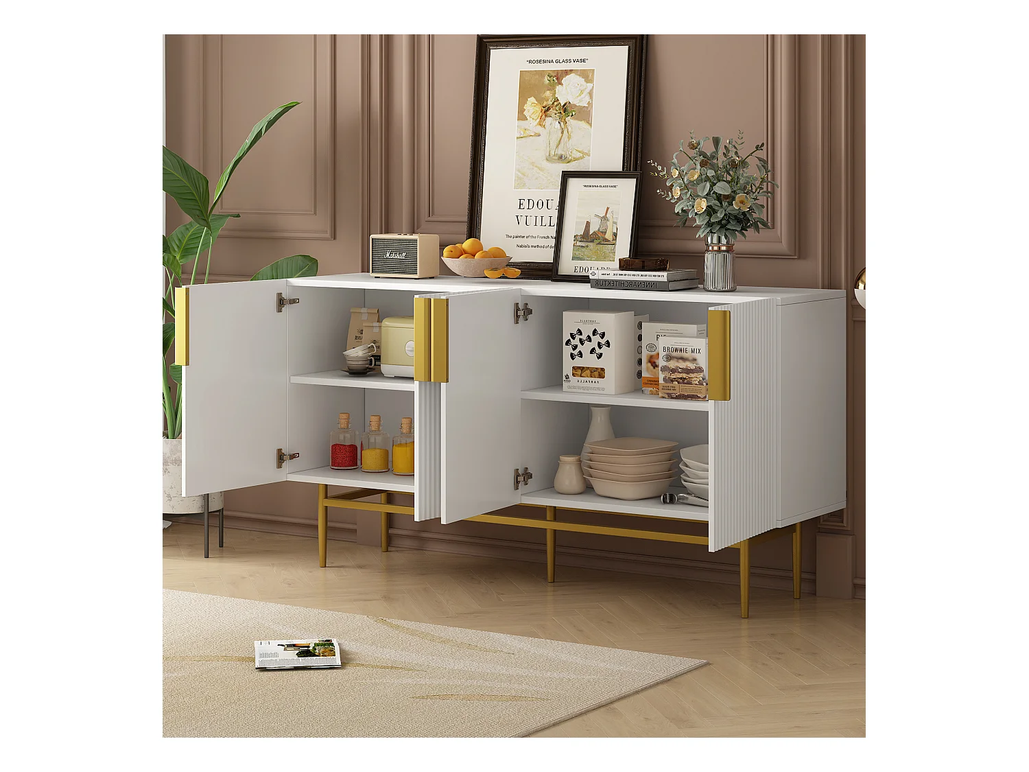 URBAN MEUBLE Buffet blanc design nervuré 4 portes avec accents dorés