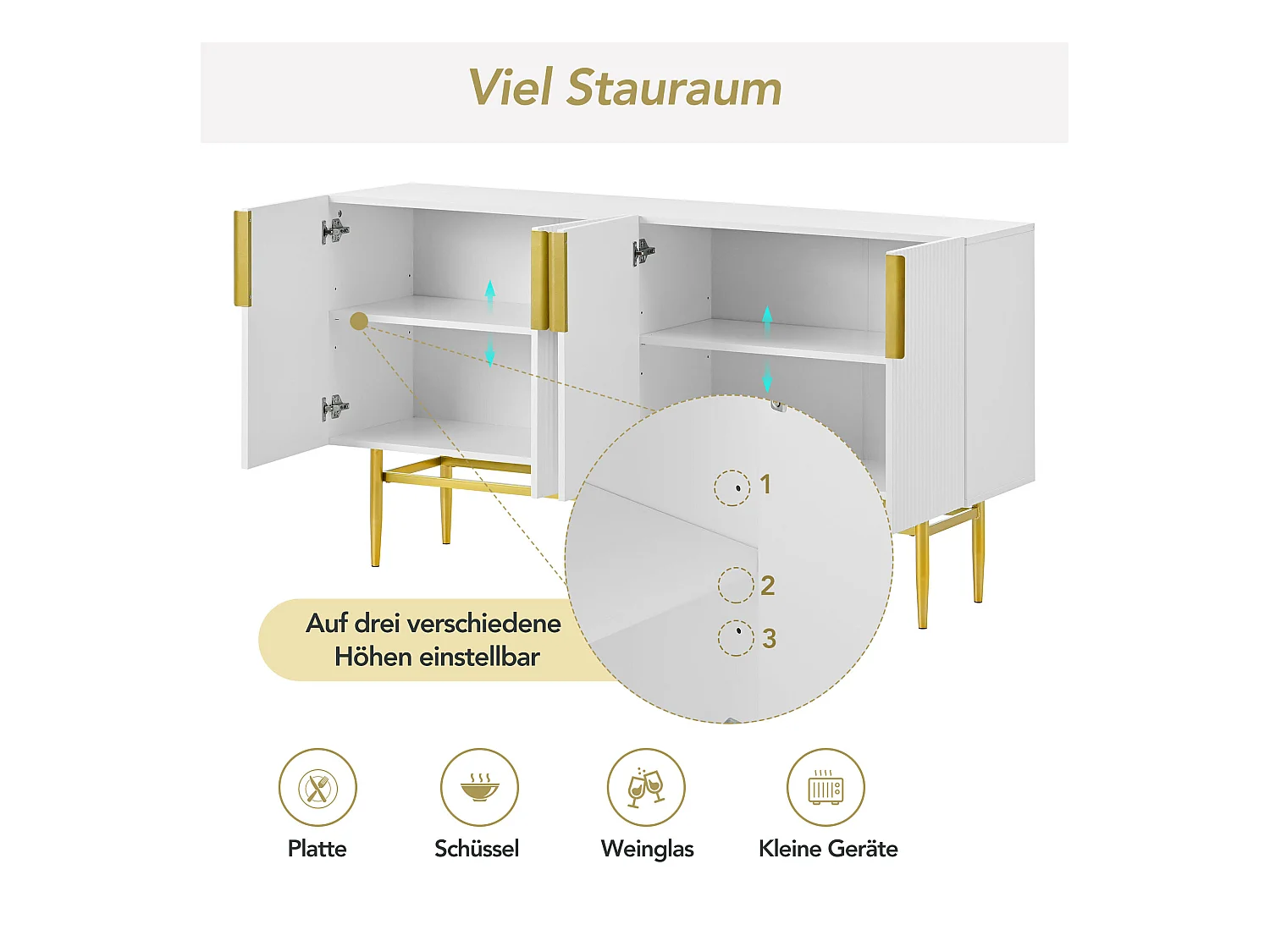URBAN MEUBLE Buffet blanc design nervuré 4 portes avec accents dorés