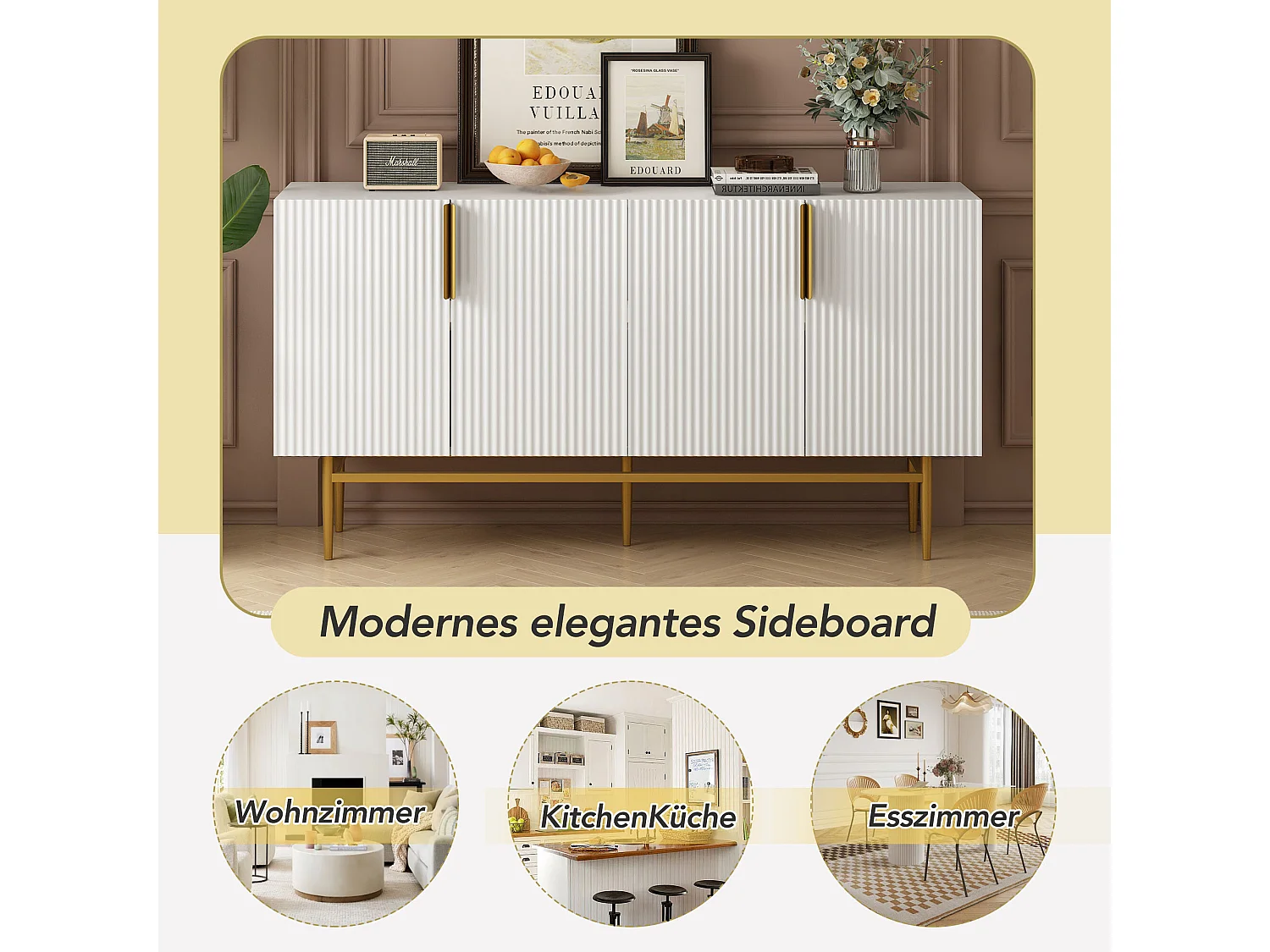 URBAN MEUBLE Buffet blanc design nervuré 4 portes avec accents dorés