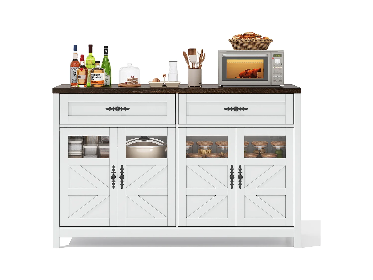 Buffet blanc - Buffet de salon avec 4 portes et 2 tiroirs de rangement - plateau en bois - poignées noires