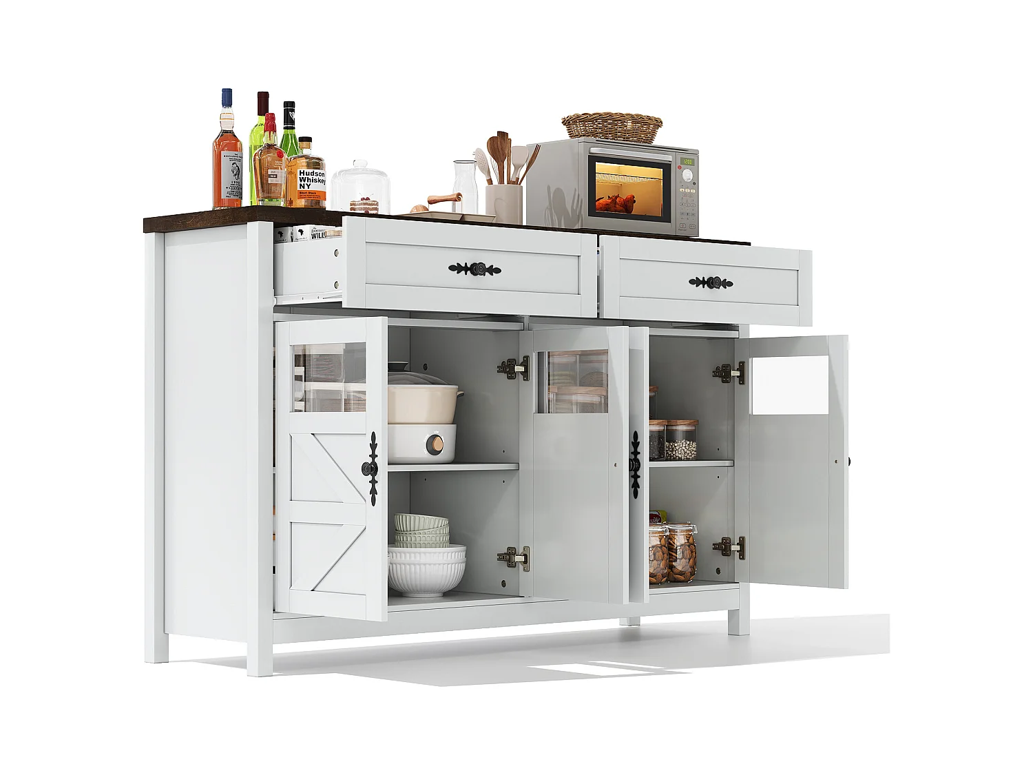 Buffet blanc - Buffet de salon avec 4 portes et 2 tiroirs de rangement - plateau en bois - poignées noires