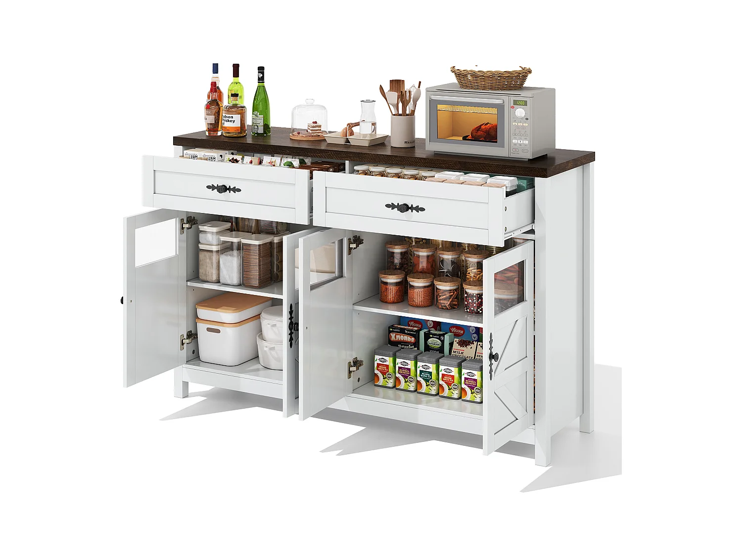 Buffet blanc - Buffet de salon avec 4 portes et 2 tiroirs de rangement - plateau en bois - poignées noires