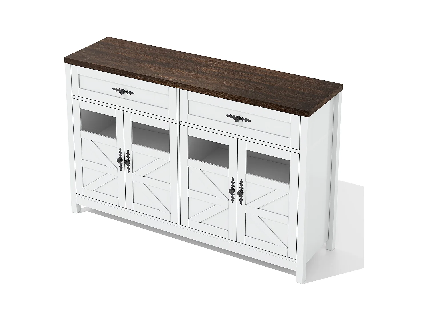 Buffet blanc - Buffet de salon avec 4 portes et 2 tiroirs de rangement - plateau en bois - poignées noires