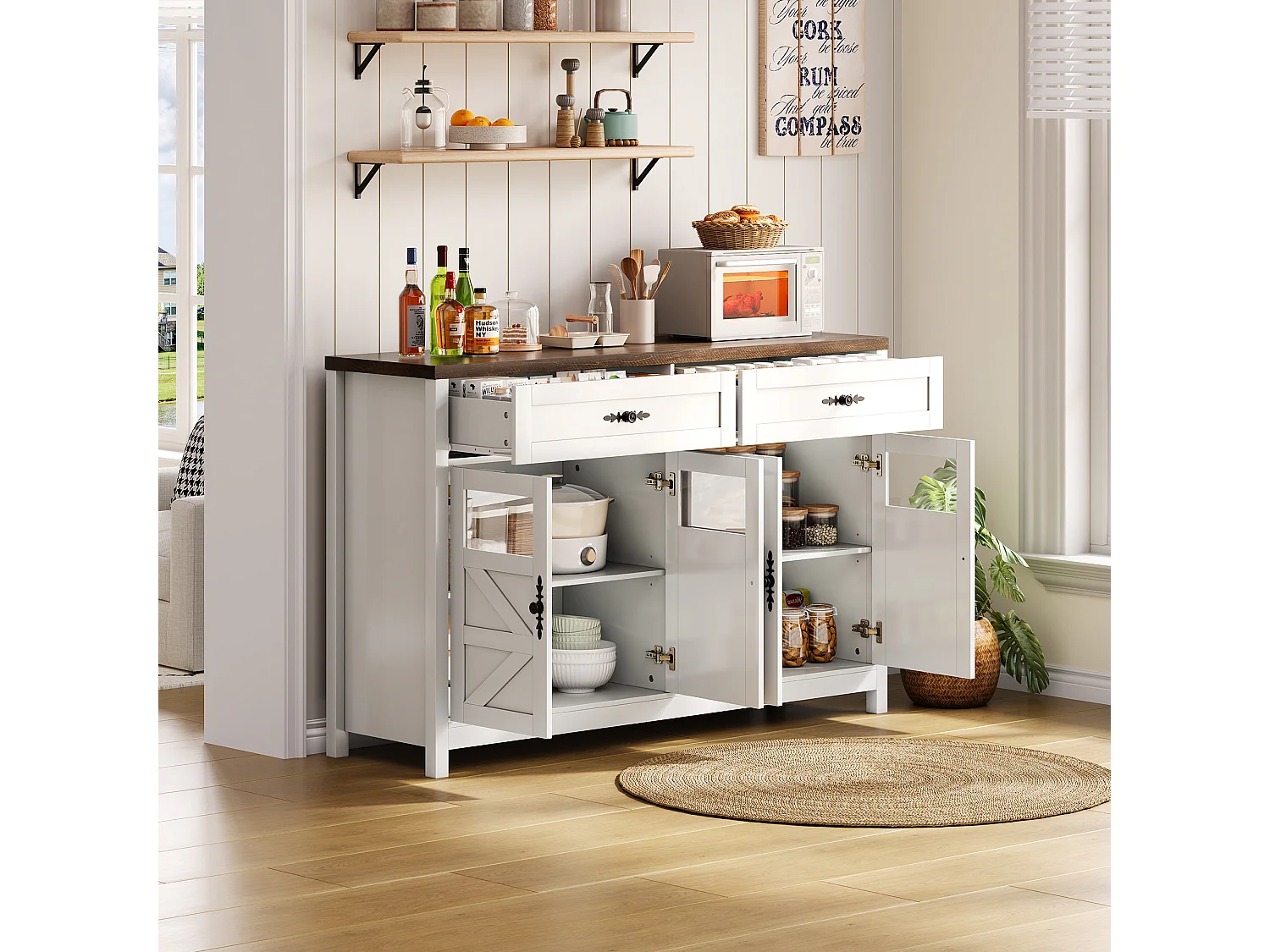 Buffet blanc - Buffet de salon avec 4 portes et 2 tiroirs de rangement - plateau en bois - poignées noires