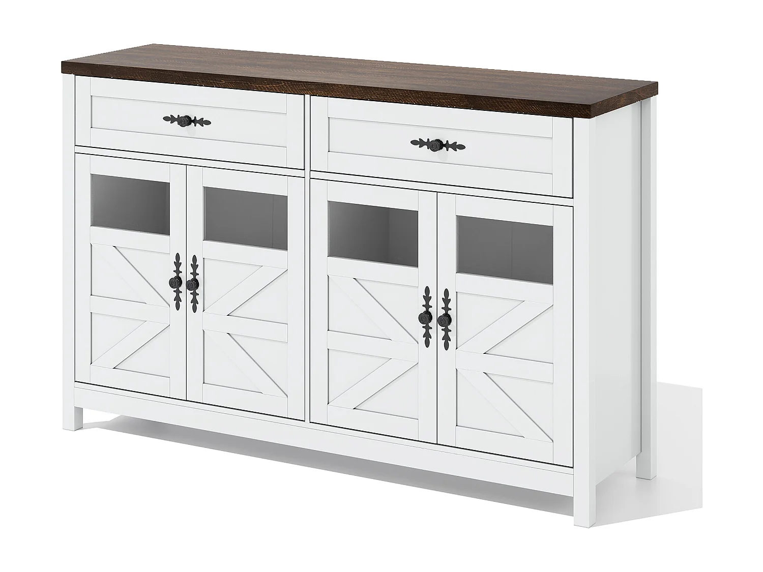 Buffet blanc - Buffet de salon avec 4 portes et 2 tiroirs de rangement - plateau en bois - poignées noires