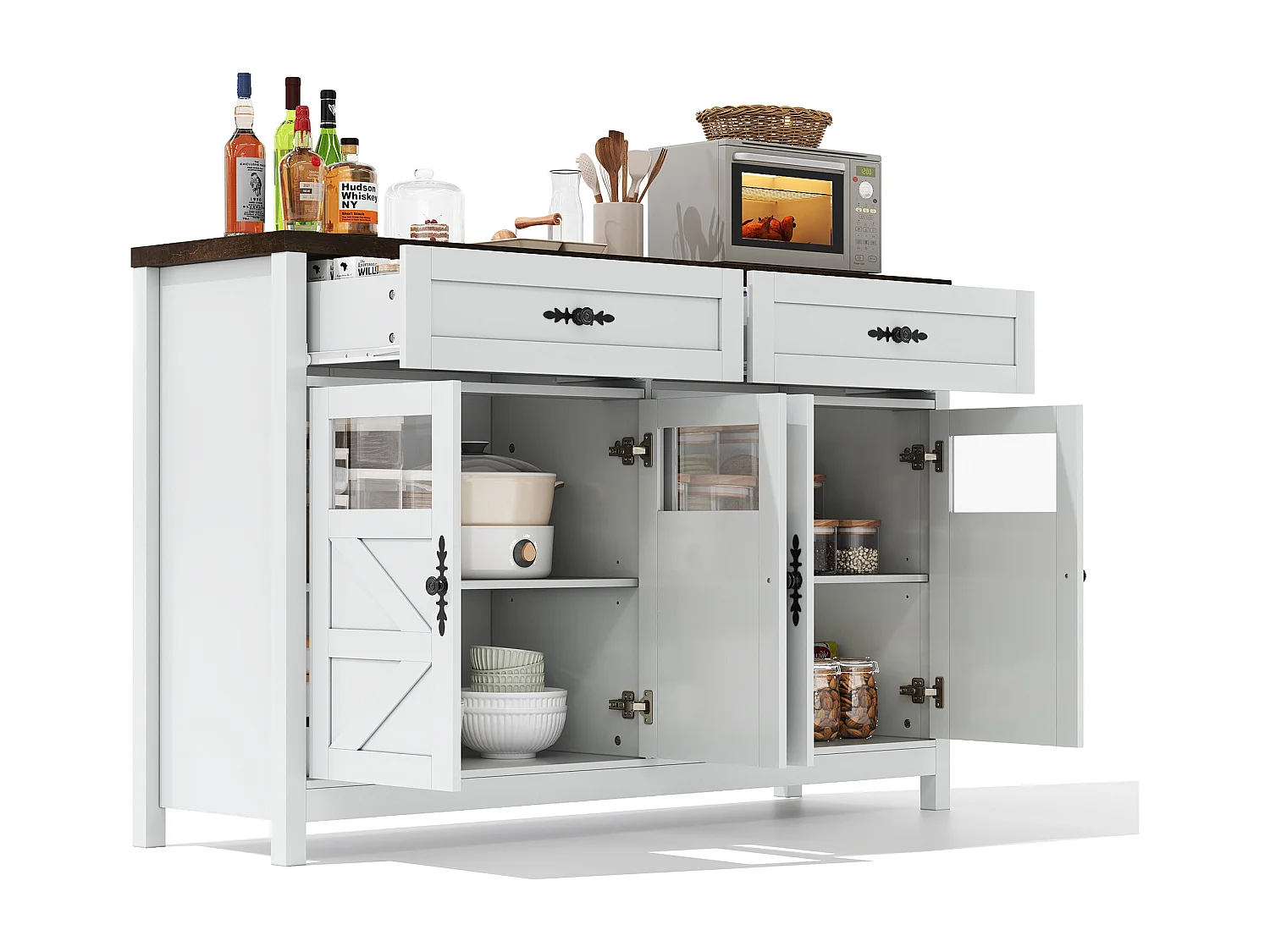 Buffet blanc - Buffet de salon avec 4 portes et 2 tiroirs de rangement - plateau en bois - poignées noires