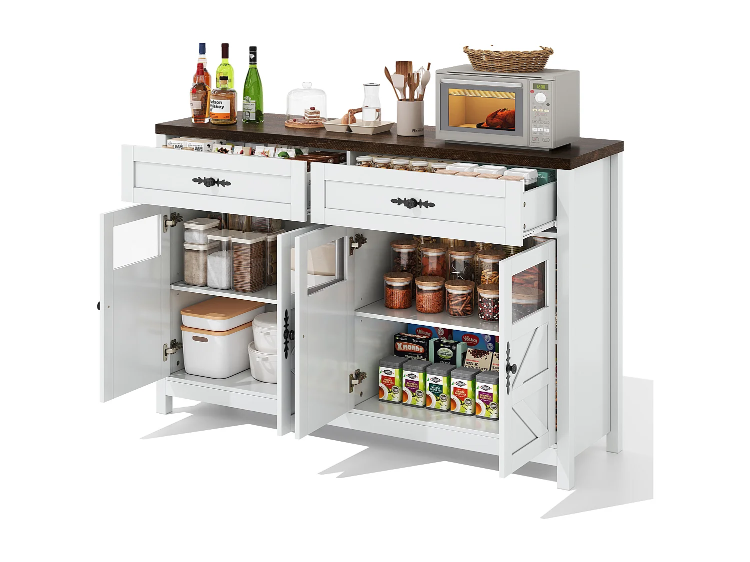 Buffet blanc - Buffet de salon avec 4 portes et 2 tiroirs de rangement - plateau en bois - poignées noires