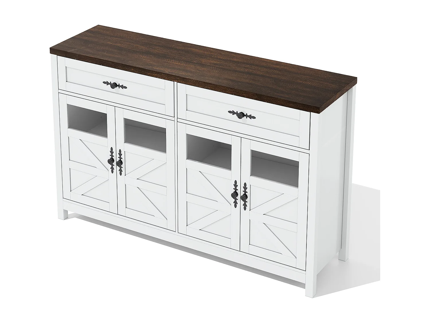 Buffet blanc - Buffet de salon avec 4 portes et 2 tiroirs de rangement - plateau en bois - poignées noires