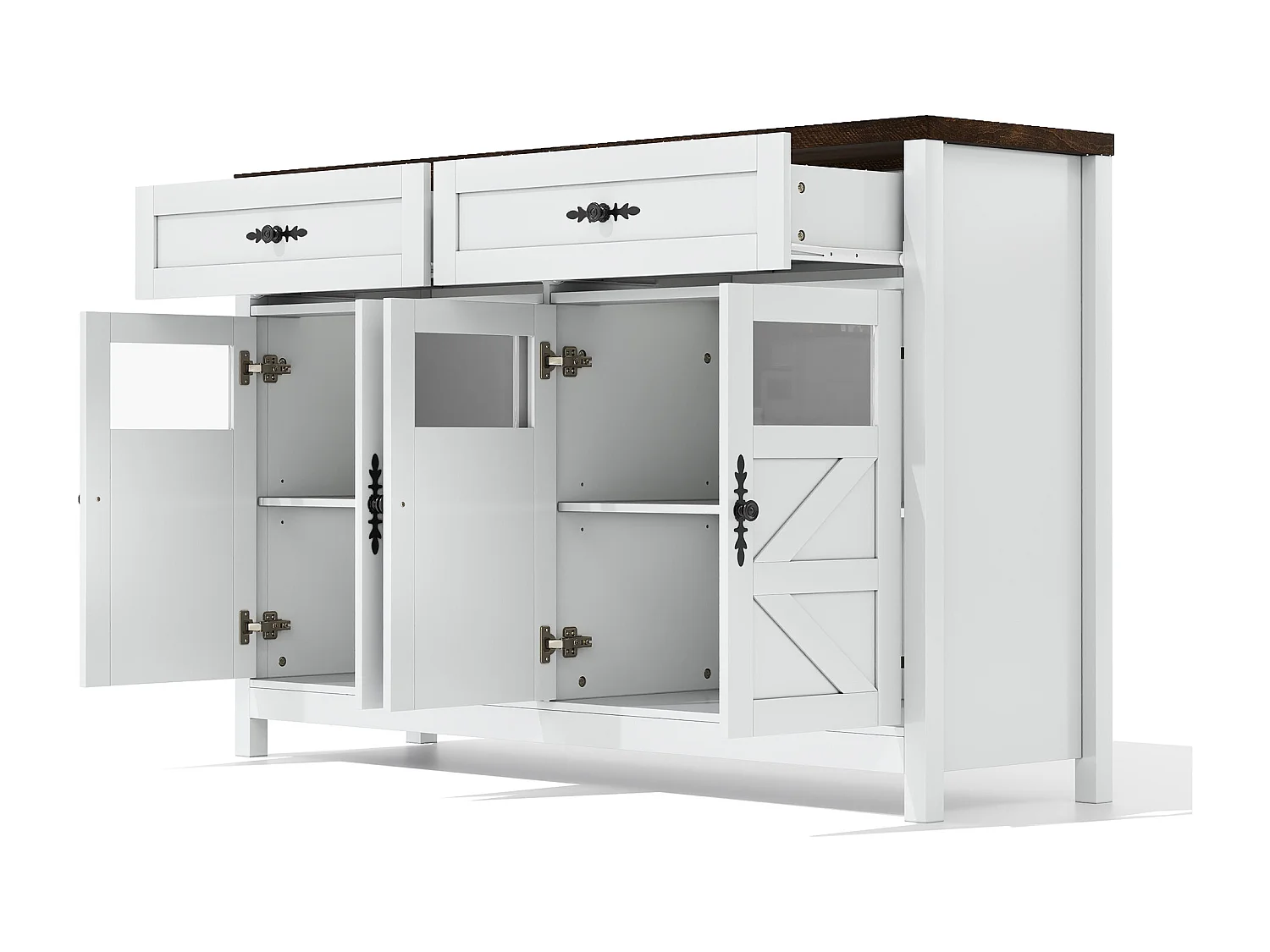 Buffet blanc - Buffet de salon avec 4 portes et 2 tiroirs de rangement - plateau en bois - poignées noires