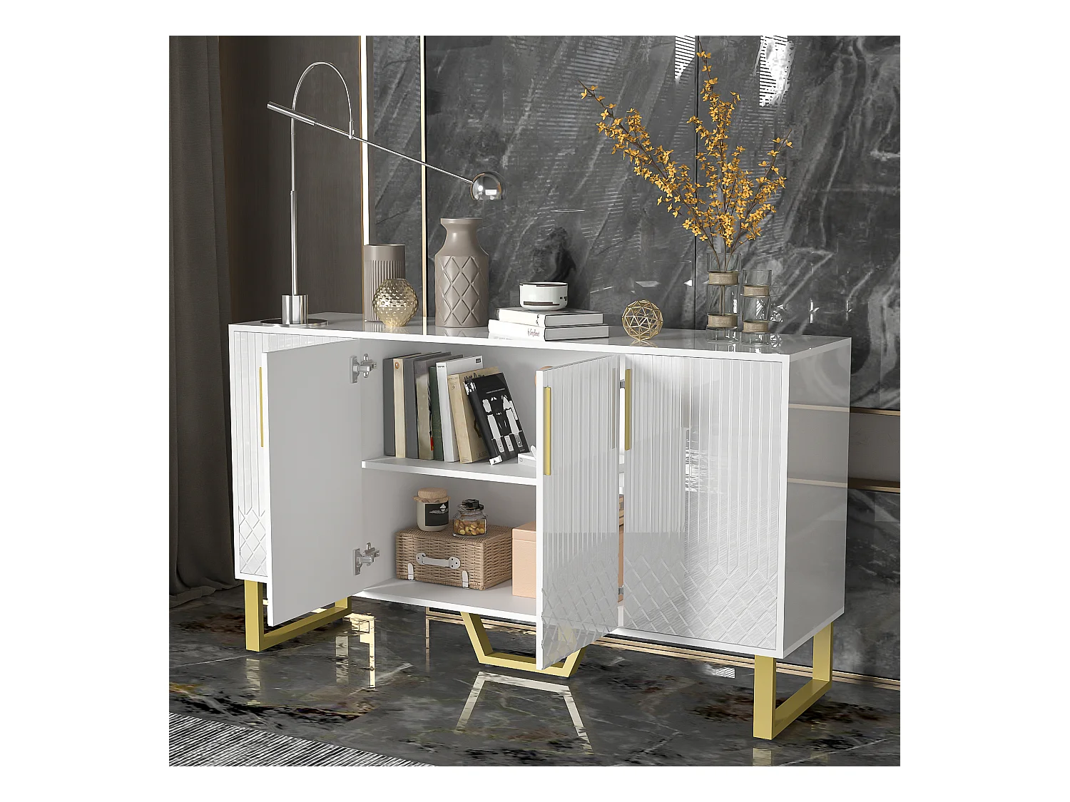 Buffet brillant blanc - Buffet 4 portes avec poignées en métal - 140x40x80cm