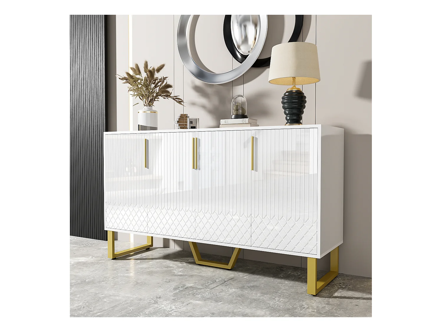 Credenza lucida 140x40x80cm - Credenza a 4 ante con maniglie in metallo - per sala da pranzo e soggiorno - bianca