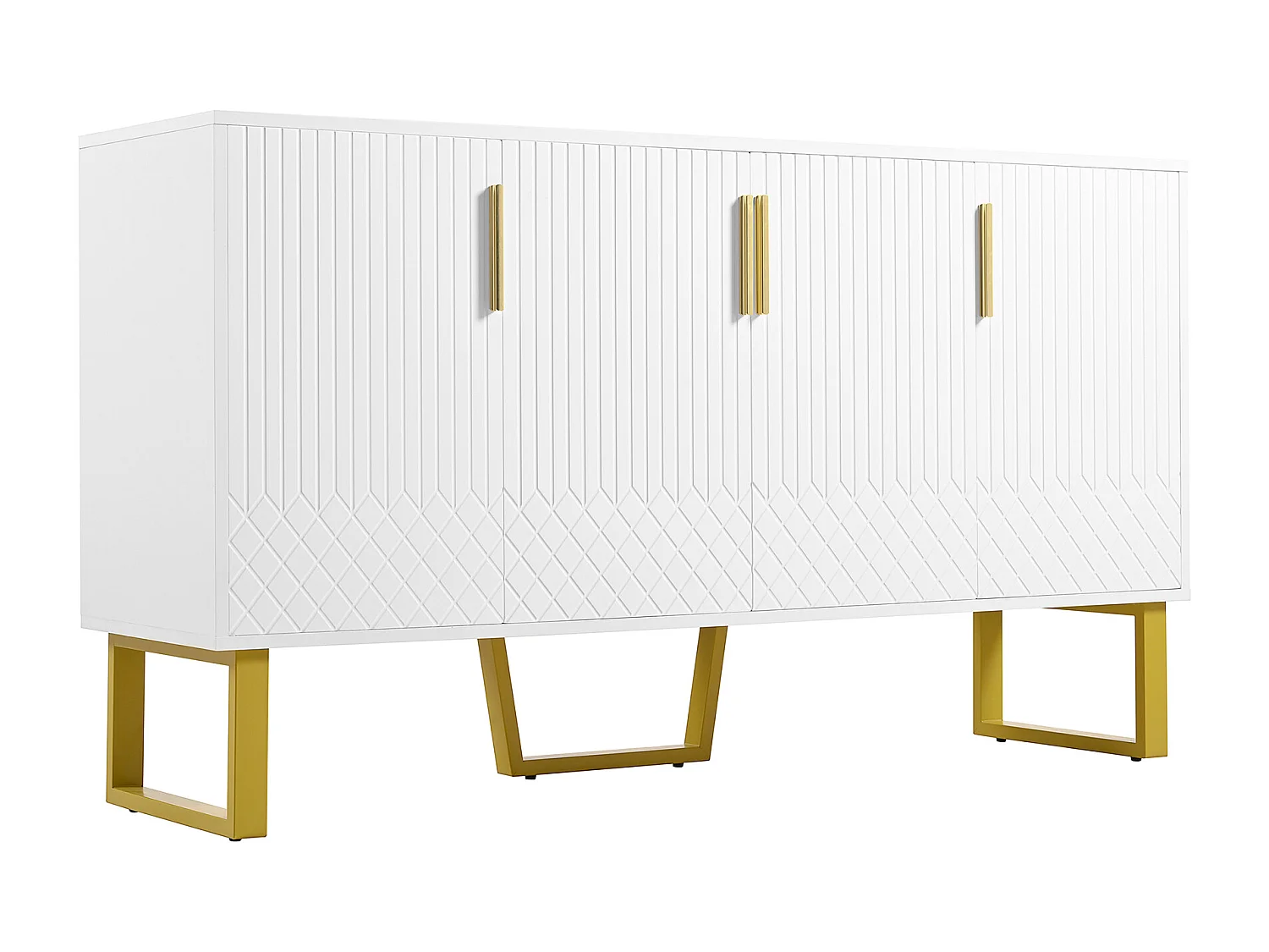 Buffet brillant blanc - Buffet 4 portes avec poignées en métal - 140x40x80cm
