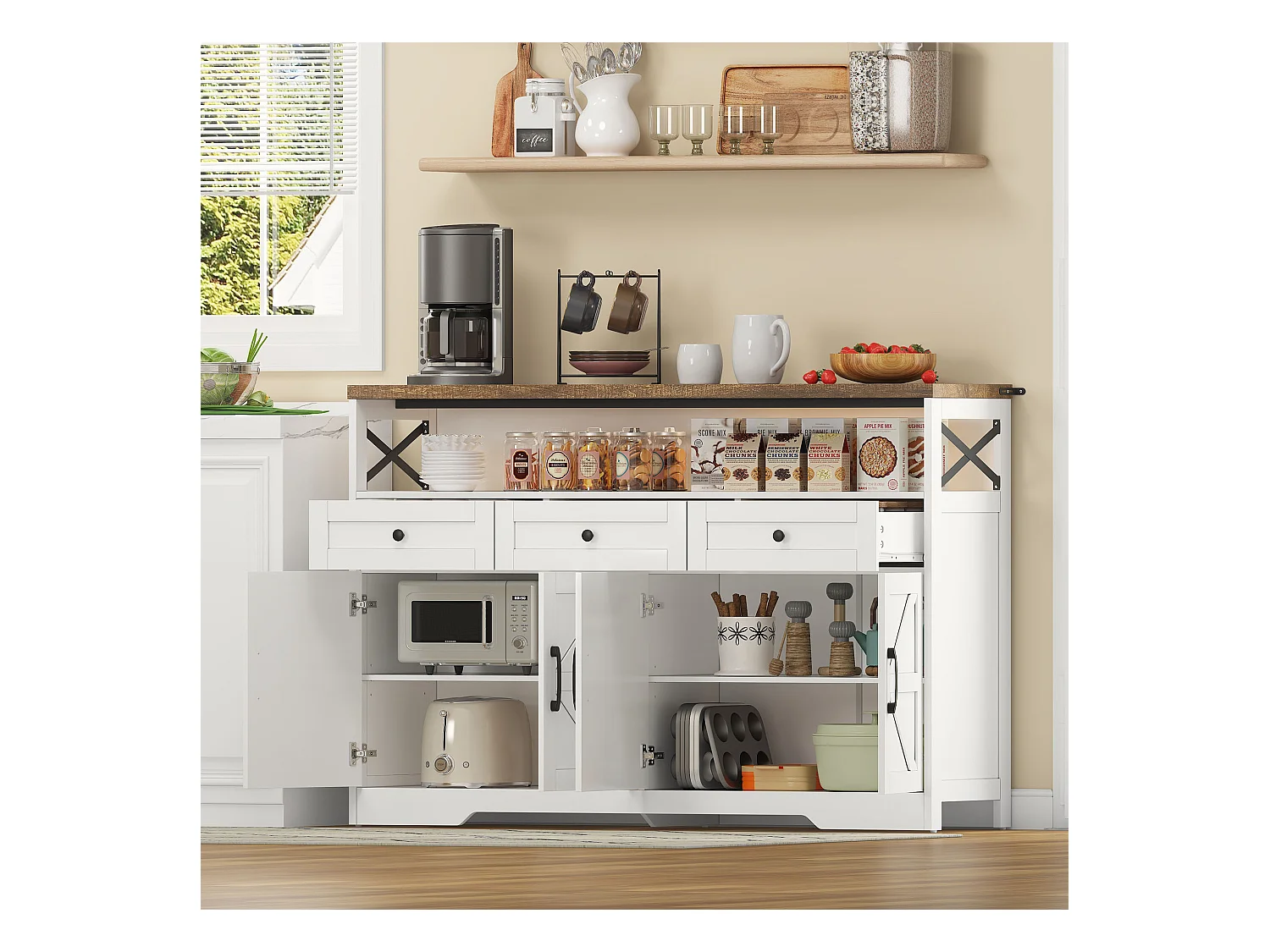 Buffet de salon - Buffet blanc avec 3 tiroirs de rangement et 4 portes - plateau en bois - poignées noires