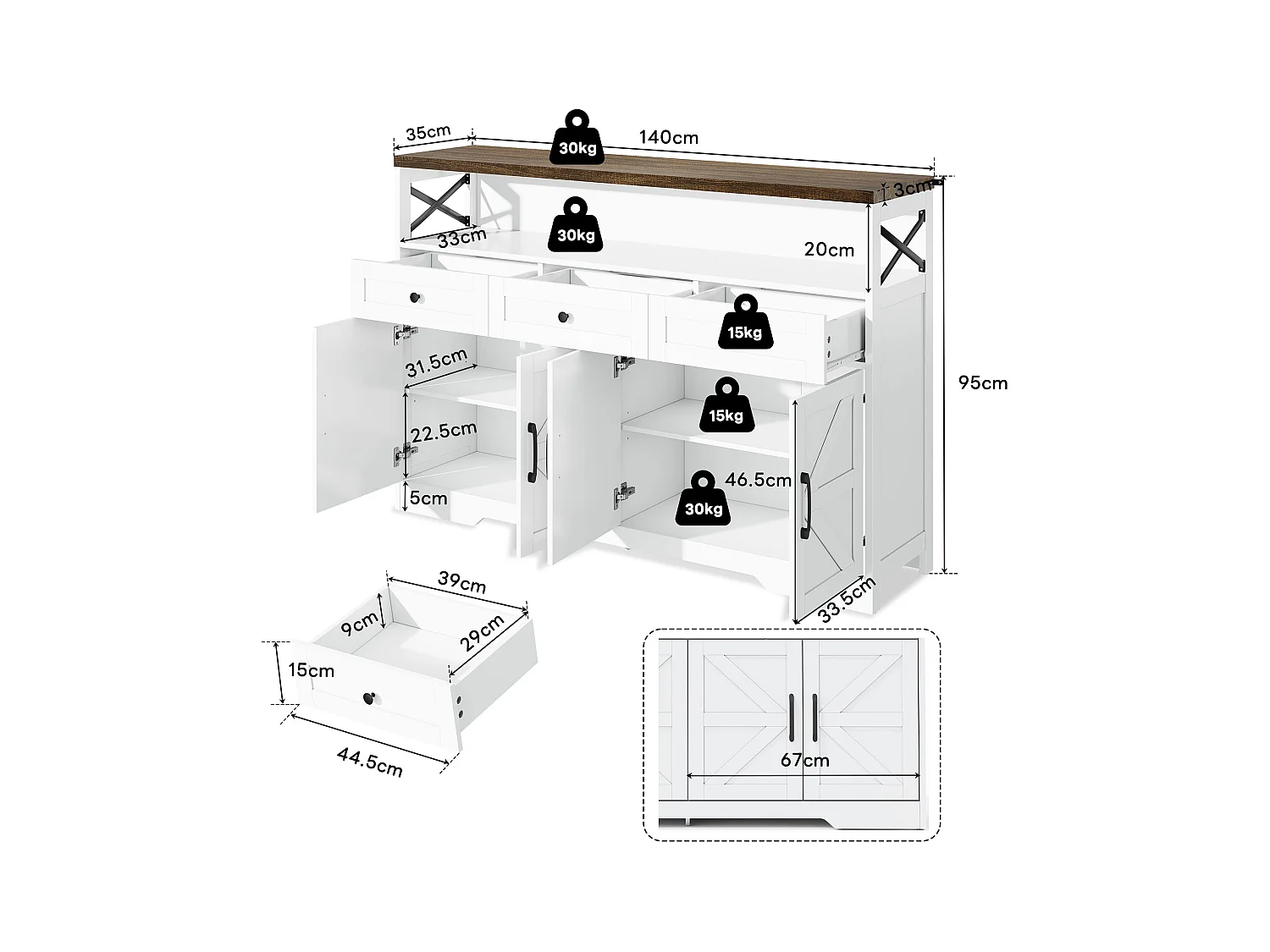 Buffet de salon - Buffet blanc avec 3 tiroirs de rangement et 4 portes - plateau en bois - poignées noires