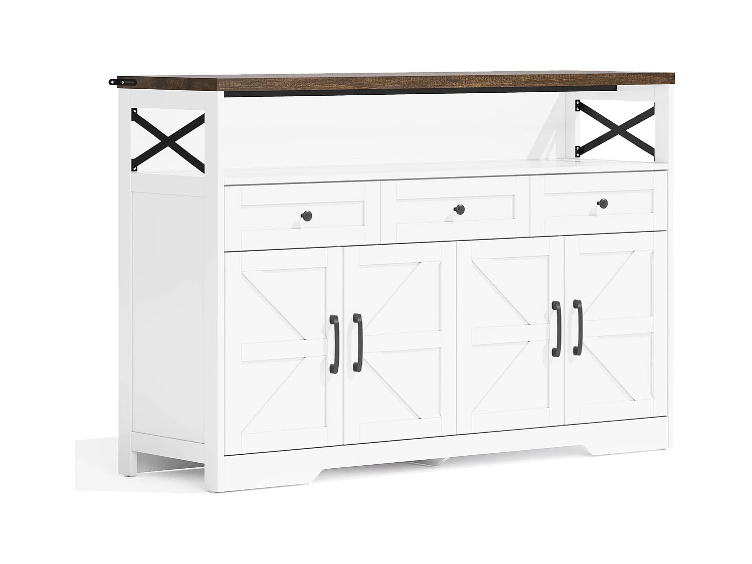 Buffet de salon - Buffet blanc avec 3 tiroirs de rangement et 4 portes - plateau en bois - poignées noires