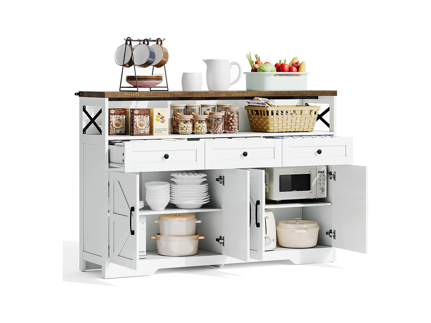 Buffet de salon - Buffet blanc avec 3 tiroirs de rangement et 4 portes - plateau en bois - poignées noires