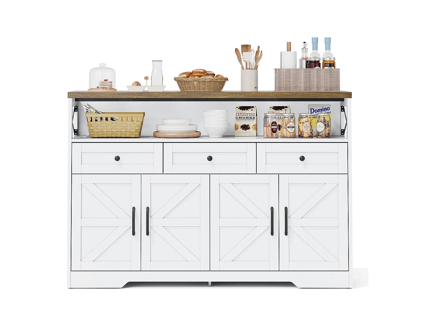 Buffet de salon - Buffet blanc avec 3 tiroirs de rangement et 4 portes - plateau en bois - poignées noires