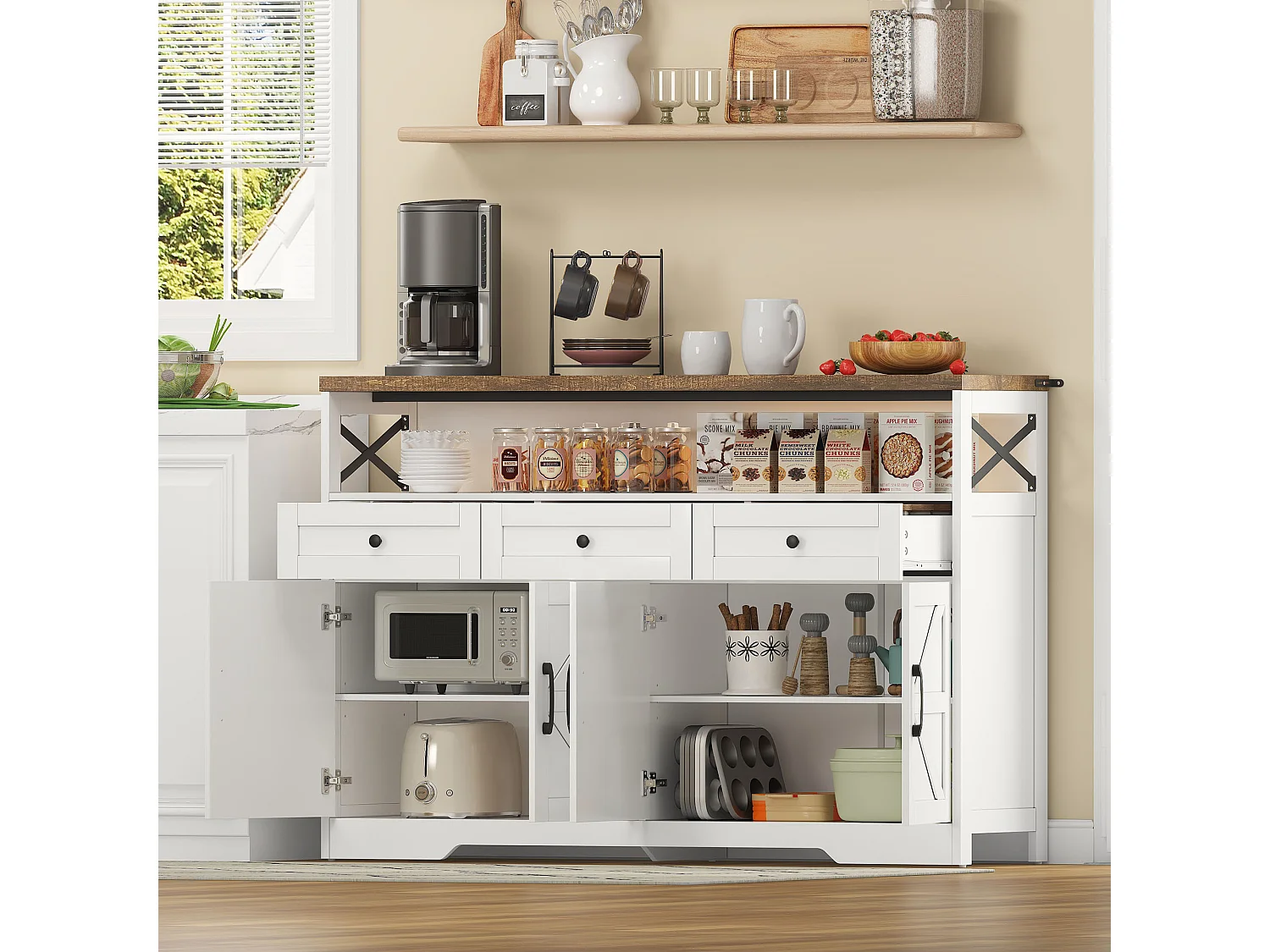 Buffet de salon - Buffet blanc avec 3 tiroirs de rangement et 4 portes - plateau en bois - poignées noires