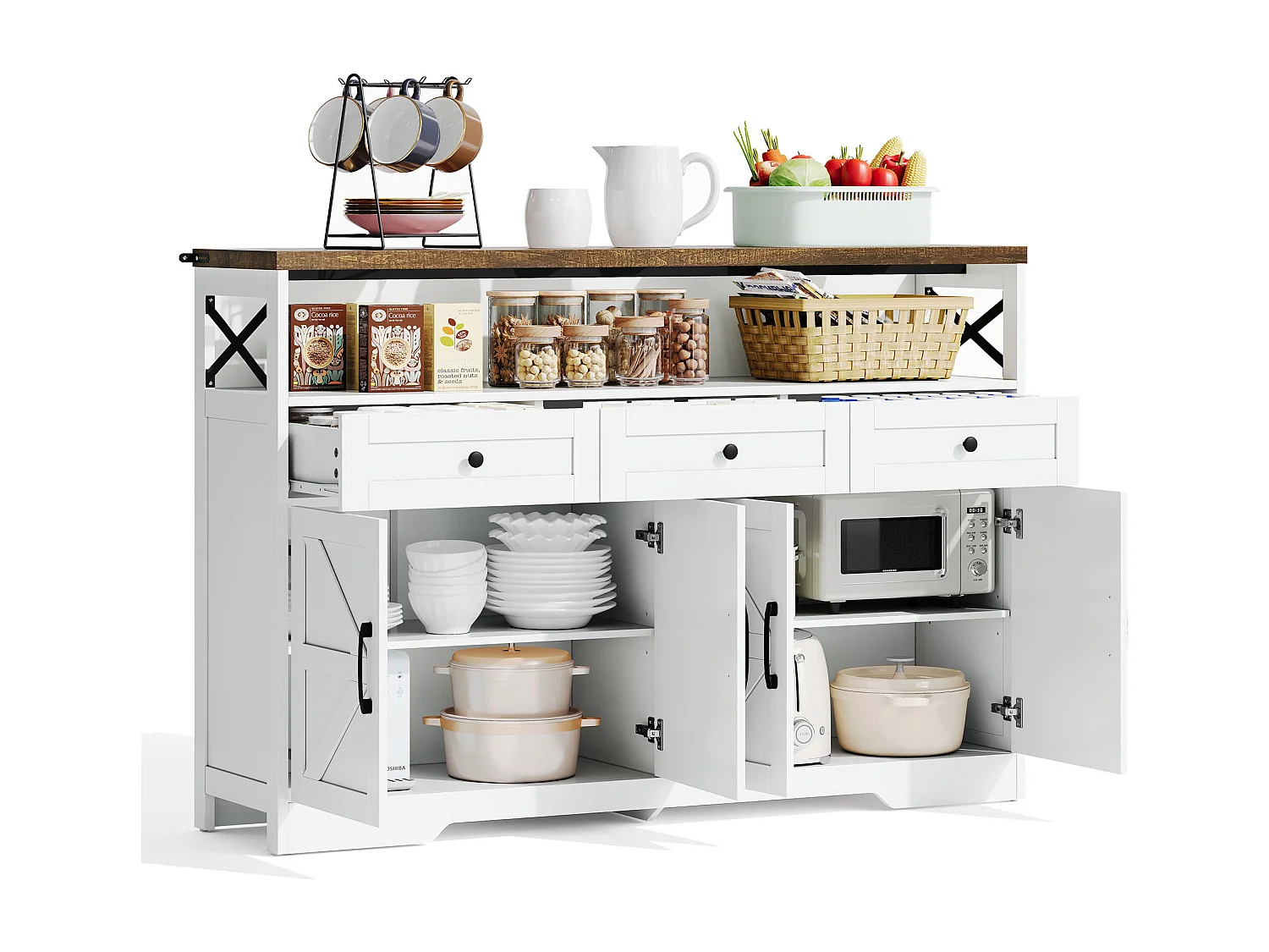 Buffet de salon - Buffet blanc avec 3 tiroirs de rangement et 4 portes - plateau en bois - poignées noires