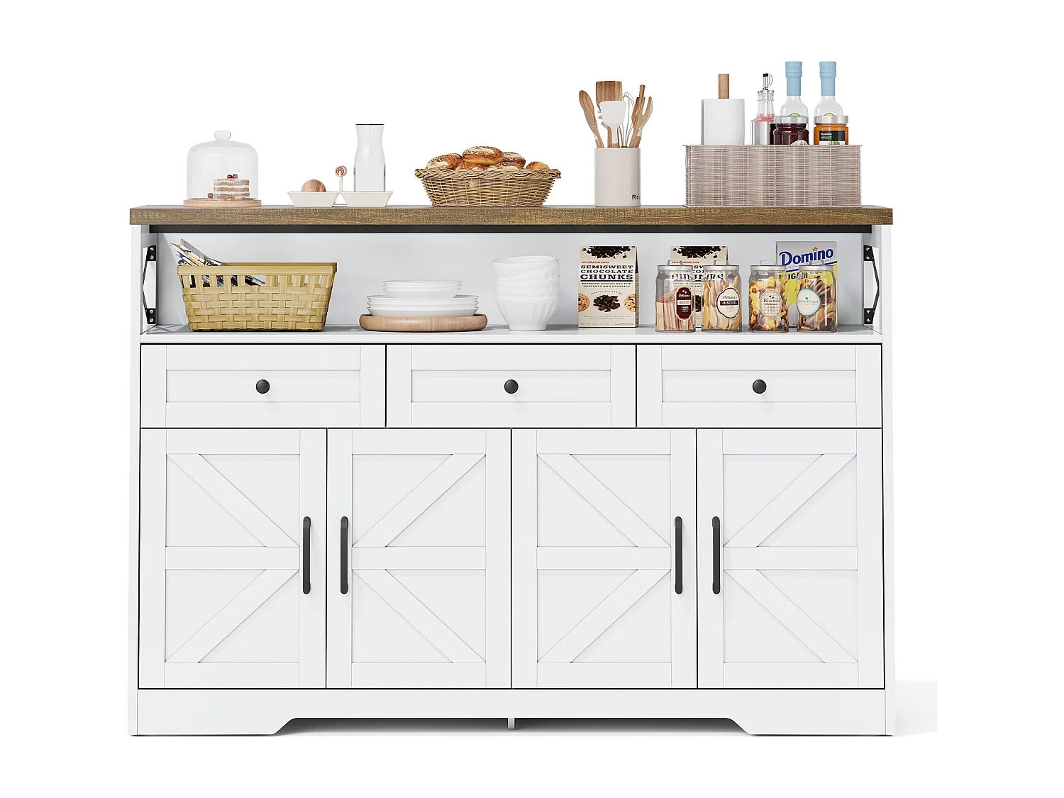 Buffet de salon - Buffet blanc avec 3 tiroirs de rangement et 4 portes - plateau en bois - poignées noires