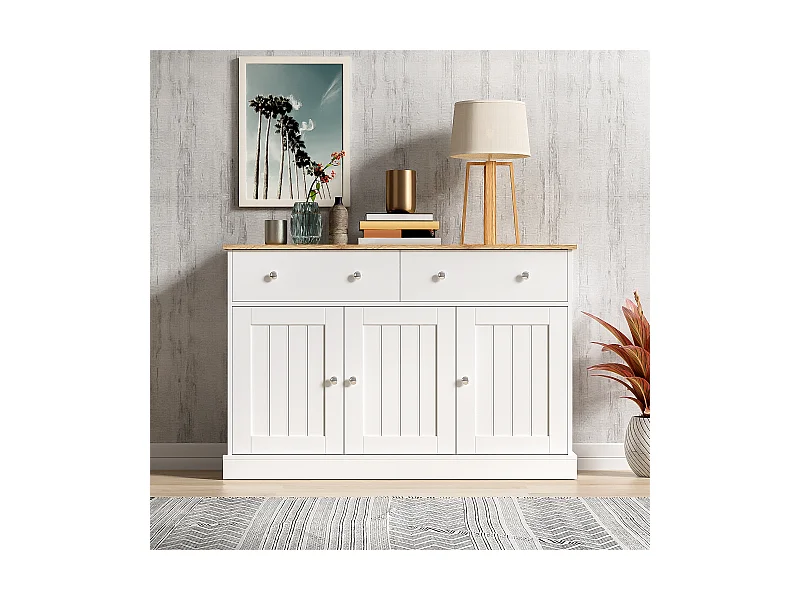 Aparador blanco - Aparador moderno con 3 puertas y 2 cajones - Tablero con veta de madera - Para salas de estar y comedores