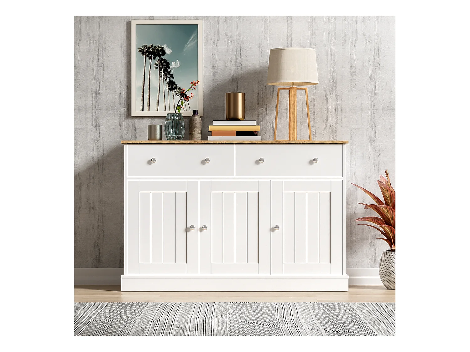 Credenza bianca - Credenza moderna con 3 ante e 2 cassetti - Piano in venature del legno - per soggiorno e sala da pranzo