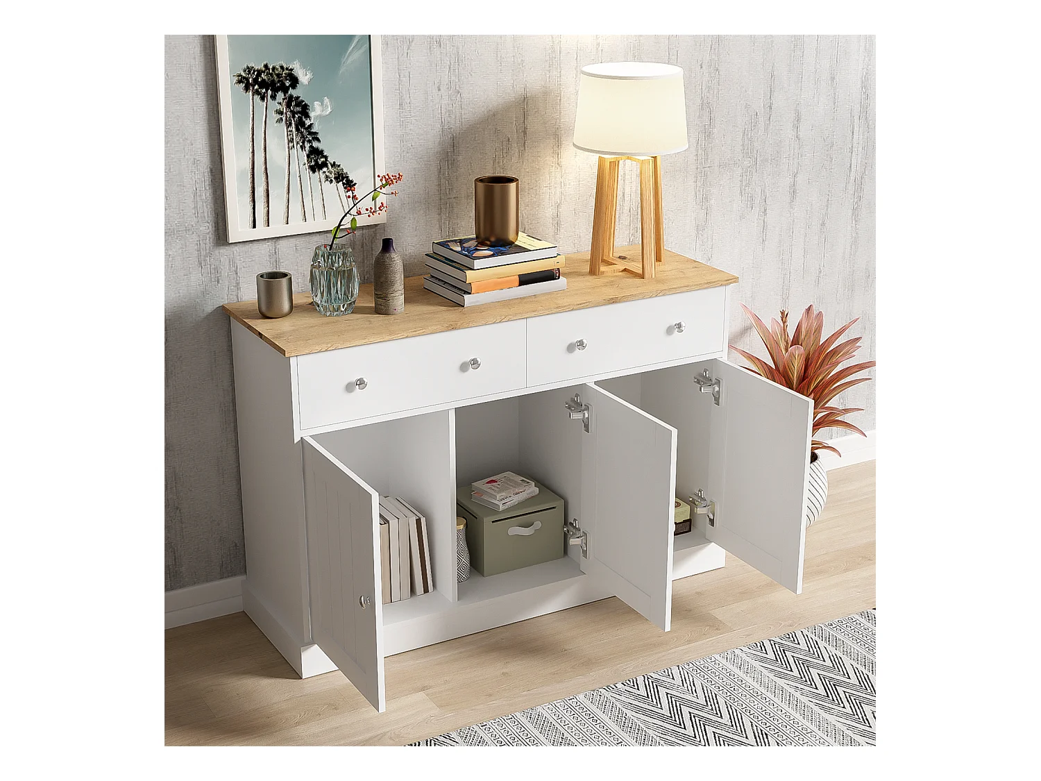 Aparador blanco - Aparador moderno con 3 puertas y 2 cajones - Tablero con veta de madera - Para salas de estar y comedores