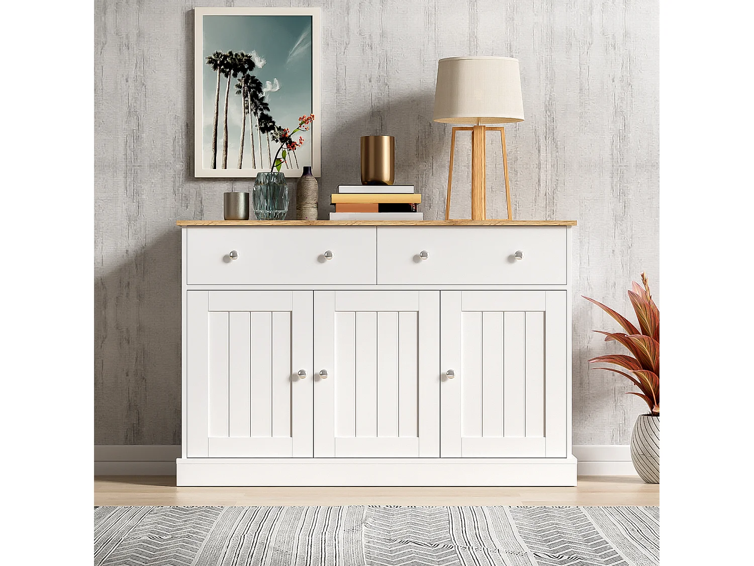 Aparador blanco - Aparador moderno con 3 puertas y 2 cajones - Tablero con veta de madera - Para salas de estar y comedores