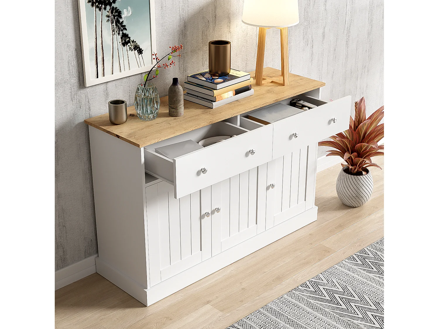 Aparador blanco - Aparador moderno con 3 puertas y 2 cajones - Tablero con veta de madera - Para salas de estar y comedores