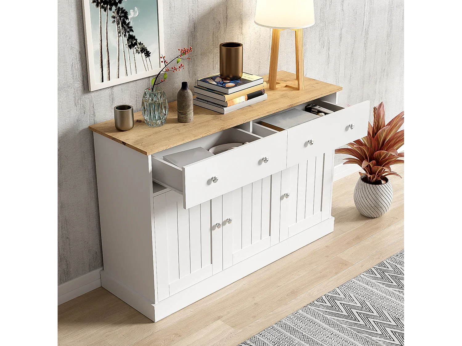 Credenza bianca - Credenza moderna con 3 ante e 2 cassetti - Piano in venature del legno - per soggiorno e sala da pranzo