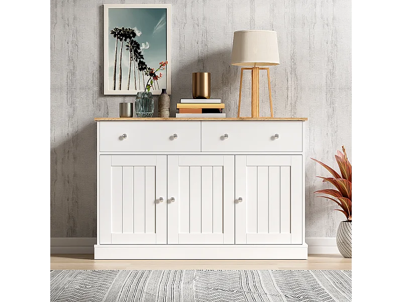 Credenza bianca - Credenza moderna con 3 ante e 2 cassetti - Piano in venature del legno - per soggiorno e sala da pranzo