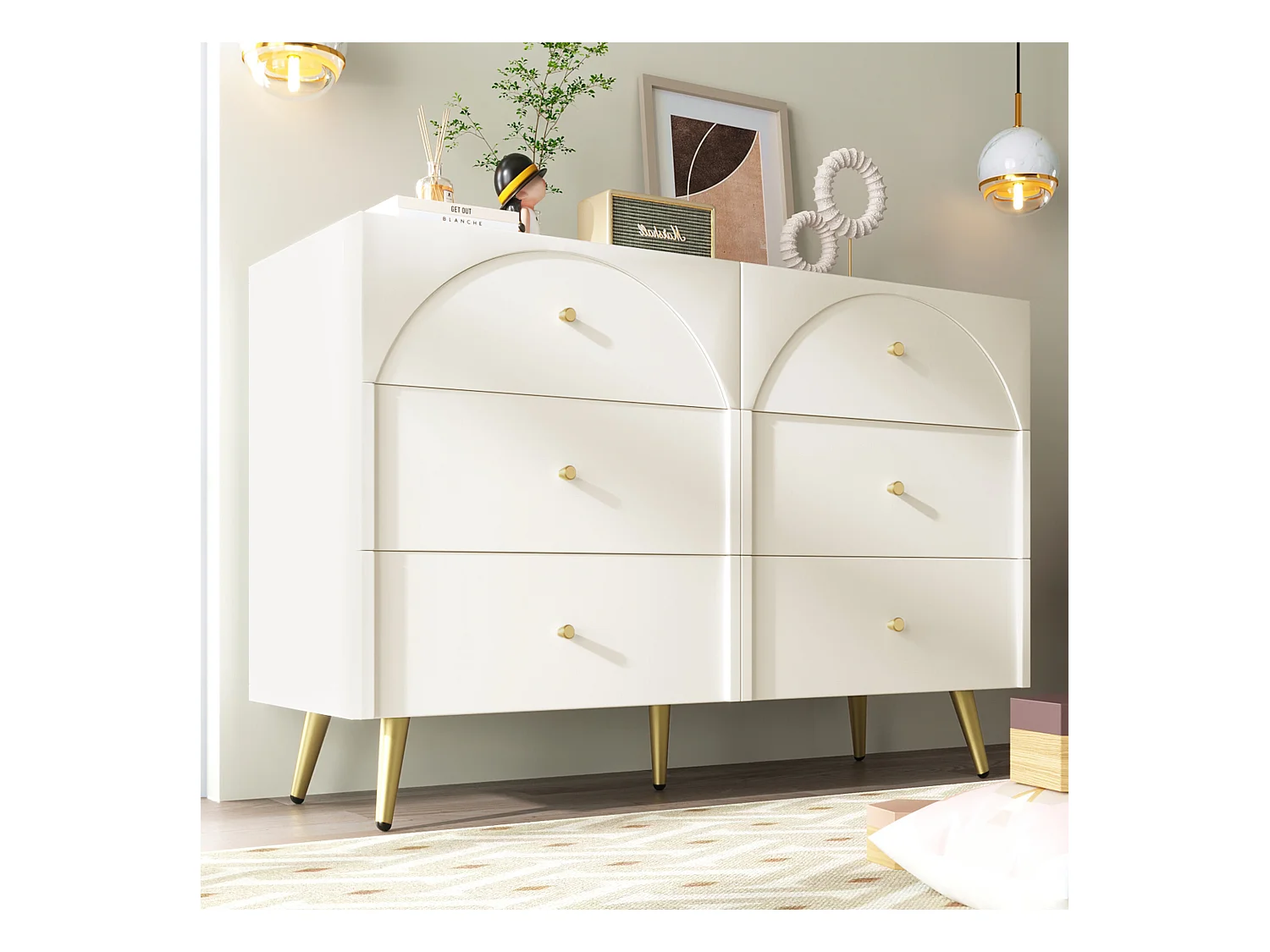 URBAN MEUBLE Buffet blanc 6 tiroirs façades incurvées pieds et poignets dorés