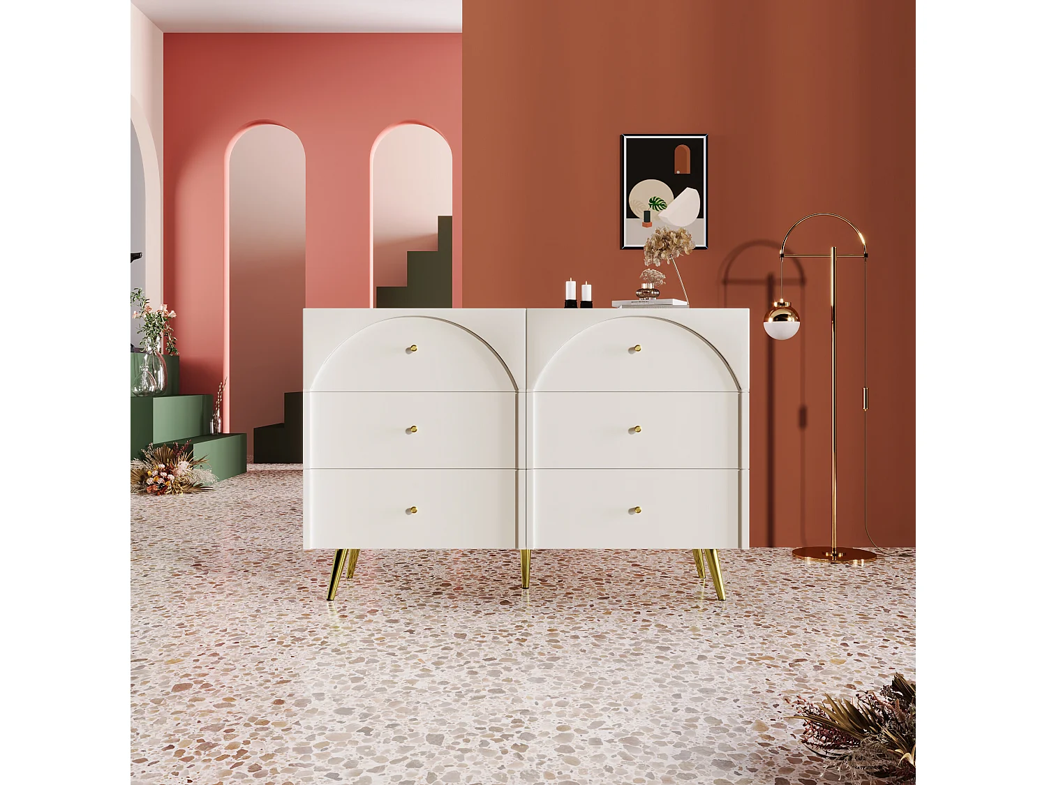 URBAN MEUBLE Buffet blanc 6 tiroirs façades incurvées pieds et poignets dorés
