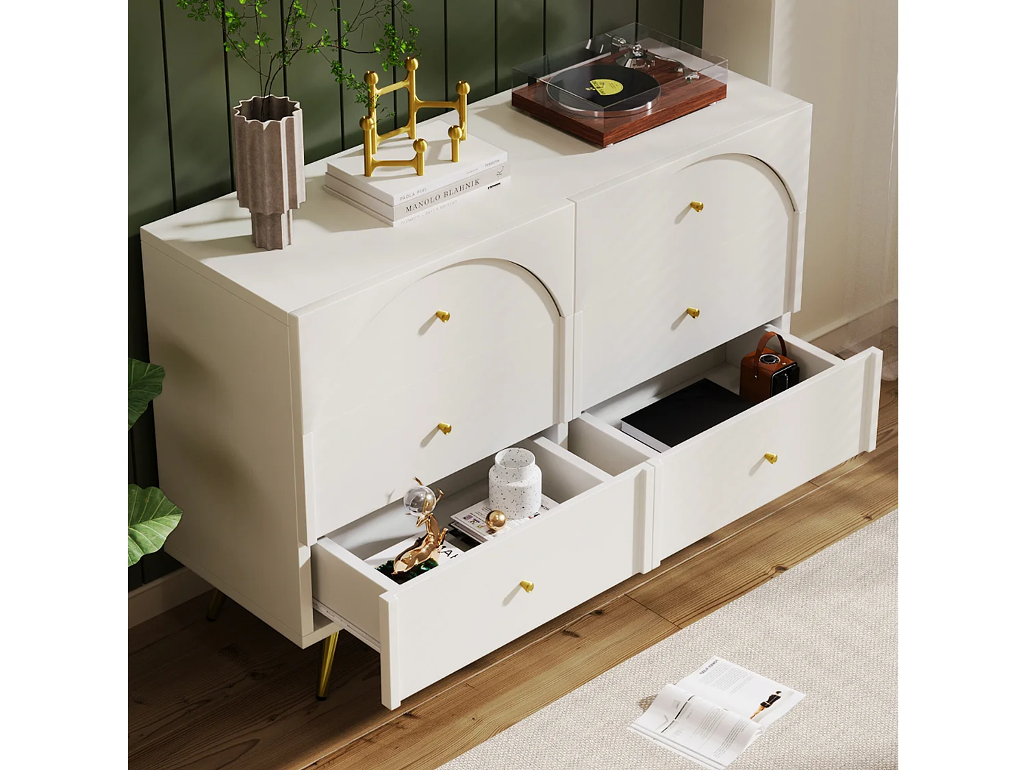 URBAN MEUBLE Buffet blanc 6 tiroirs façades incurvées pieds et poignets dorés