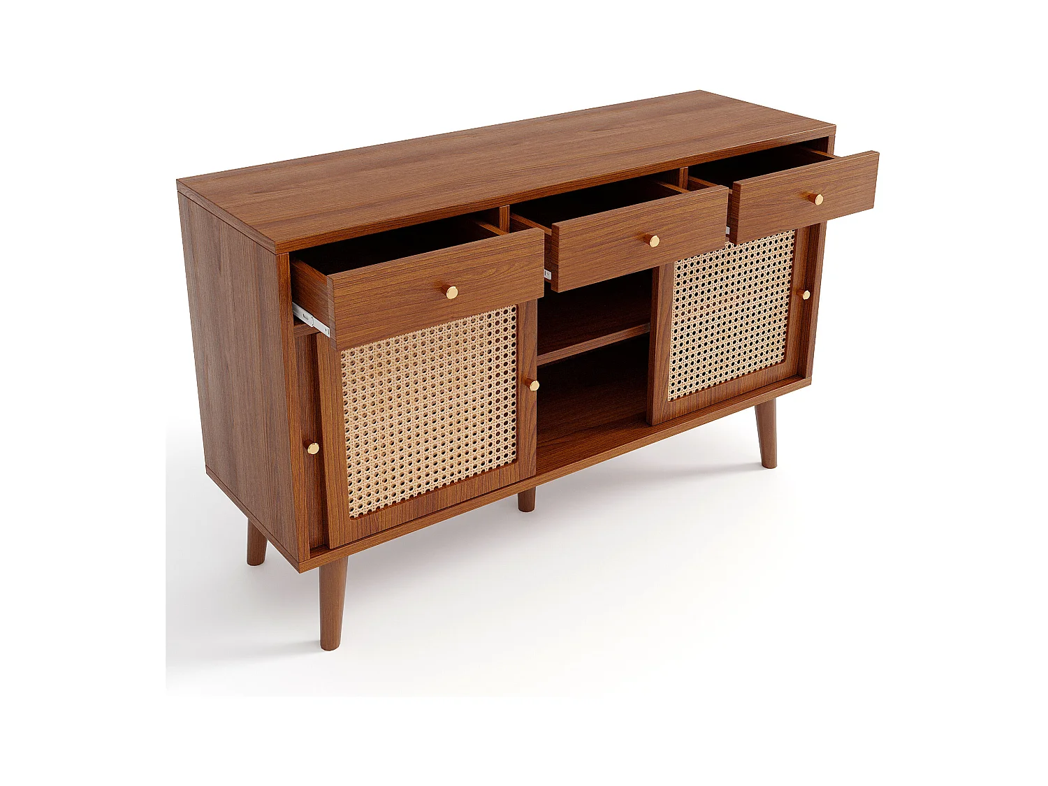 Aparador de ratán - Aparador de nogal con 3 cajones y 3 puertas correderas - tiradores de metal - patas de madera
