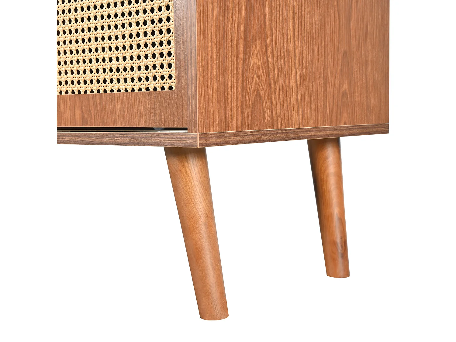 Credenza in rattan - Credenza in noce con 3 cassetti e 3 ante scorrevoli - maniglie in metallo - gambe in legno