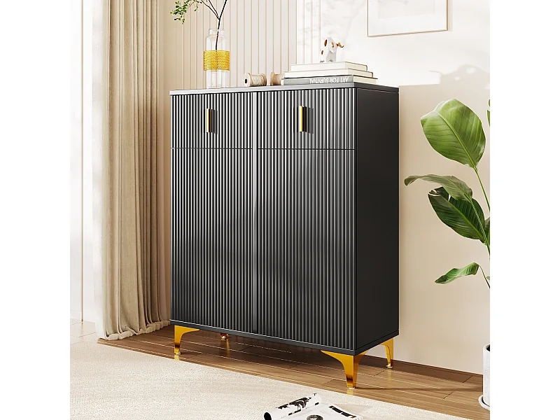 URBAN MEUBLE Buffet noir texturé avec détails dorés 2 tiroirs 2 portes