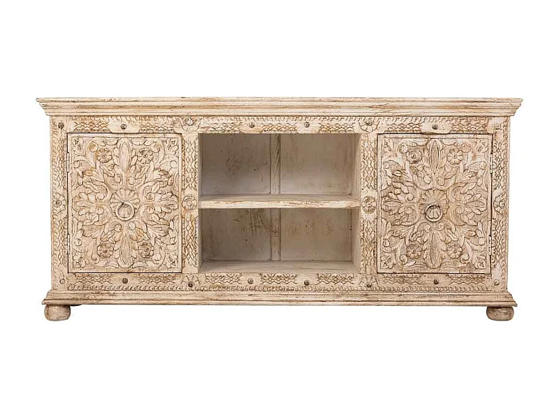 Buffet artisanal en bois beige, 165x45x76h cm