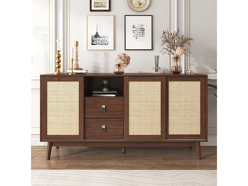 Credenza elegante - credenza bassa con 3 ante in rattan e 2 cassetti - colore legno scuro - per soggiorno e camera da letto