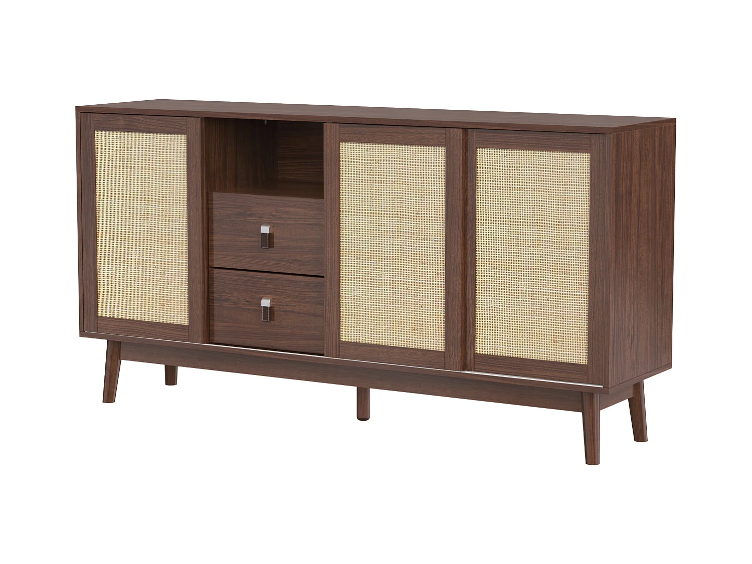 Buffet élégant - buffet bas avec 3 portes en rotin et 2 tiroirs - couleur bois foncé