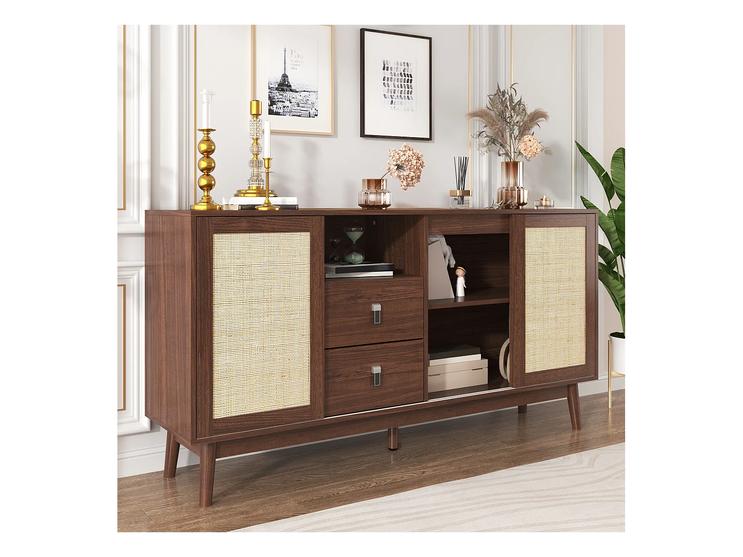Aparador elegante - aparador bajo con 3 puertas de ratán y 2 cajones - color madera oscura - para salón y dormitorio